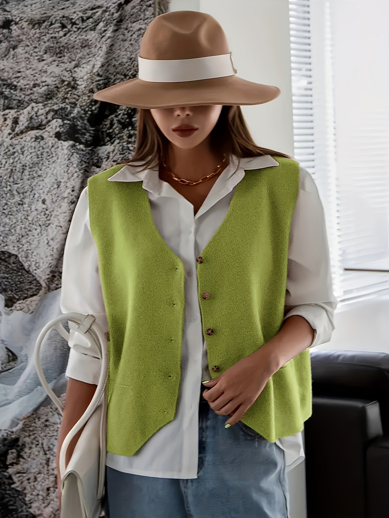 Women V-Neck Knit Cardigan Polyester Solid Color Fall Winter Coat