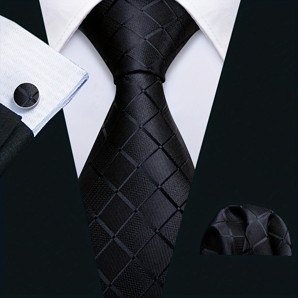 Perfect Gift: Matching Black Plaid Jacquard Tie, Cufflinks, and Pocket Square Towel Set for Parties, Weddings, and Proms