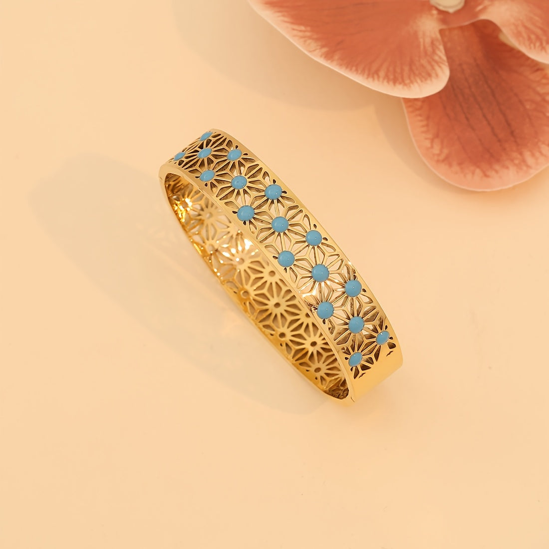 Women's Vintage Style 18K Gold Plated Stainless Steel Bracelet with Turquoise Inlay and Hollow Pattern