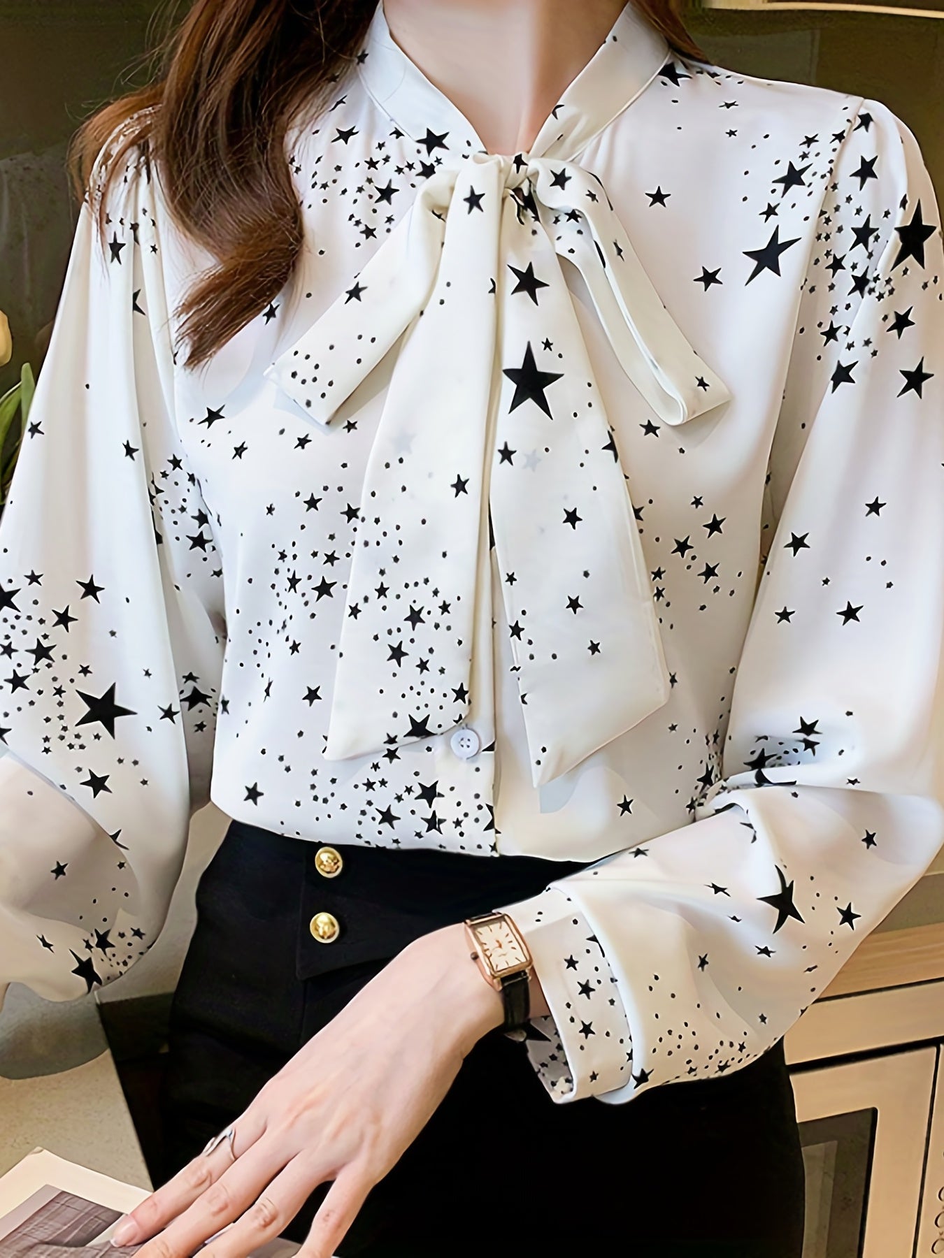 Women's Long Sleeve Blouse with Bow Tie Detail Polyester Spring Fall Elegant