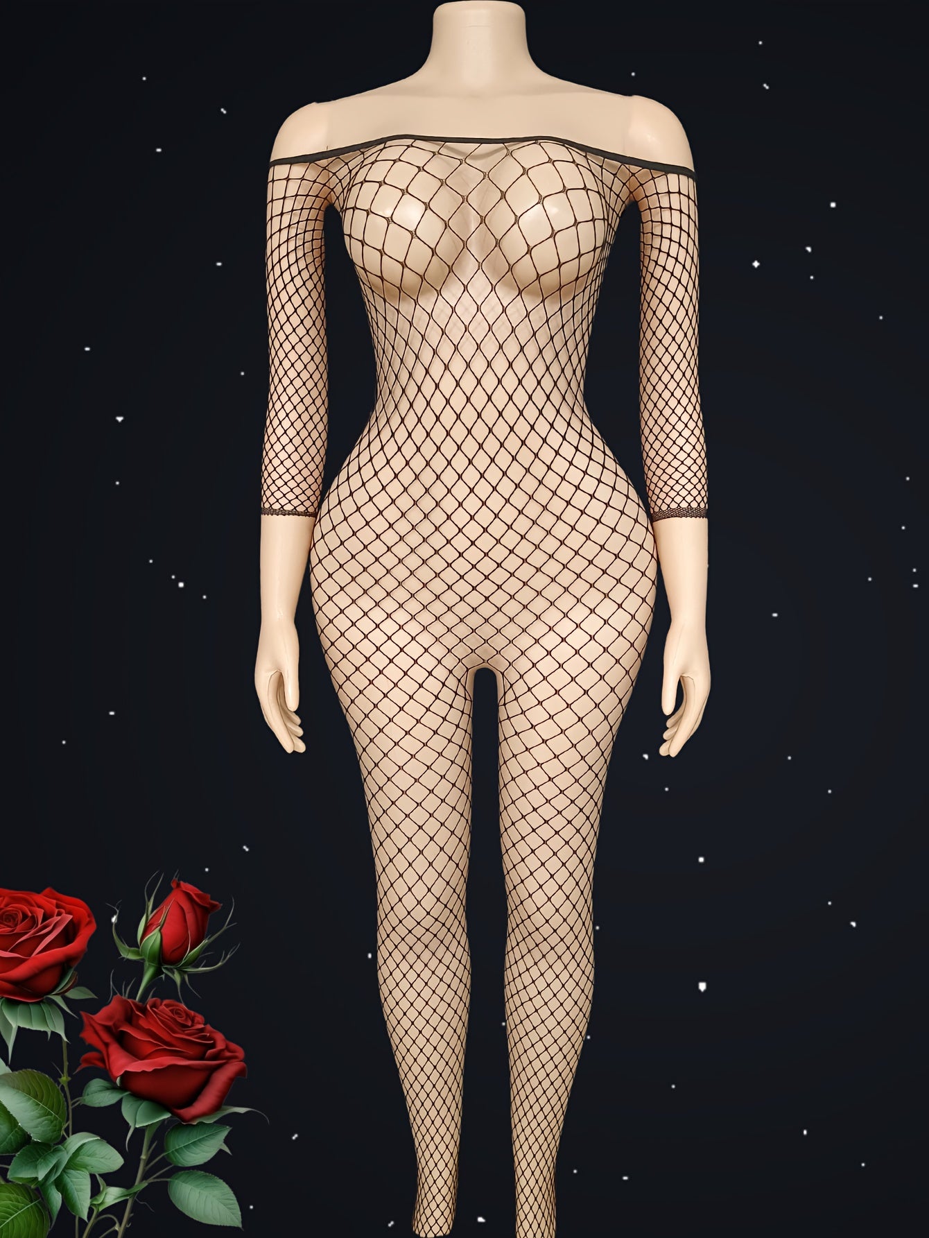 Women's Mesh One-Piece Bodysuit with Stockings, Long Sleeve, Breathable Large Size