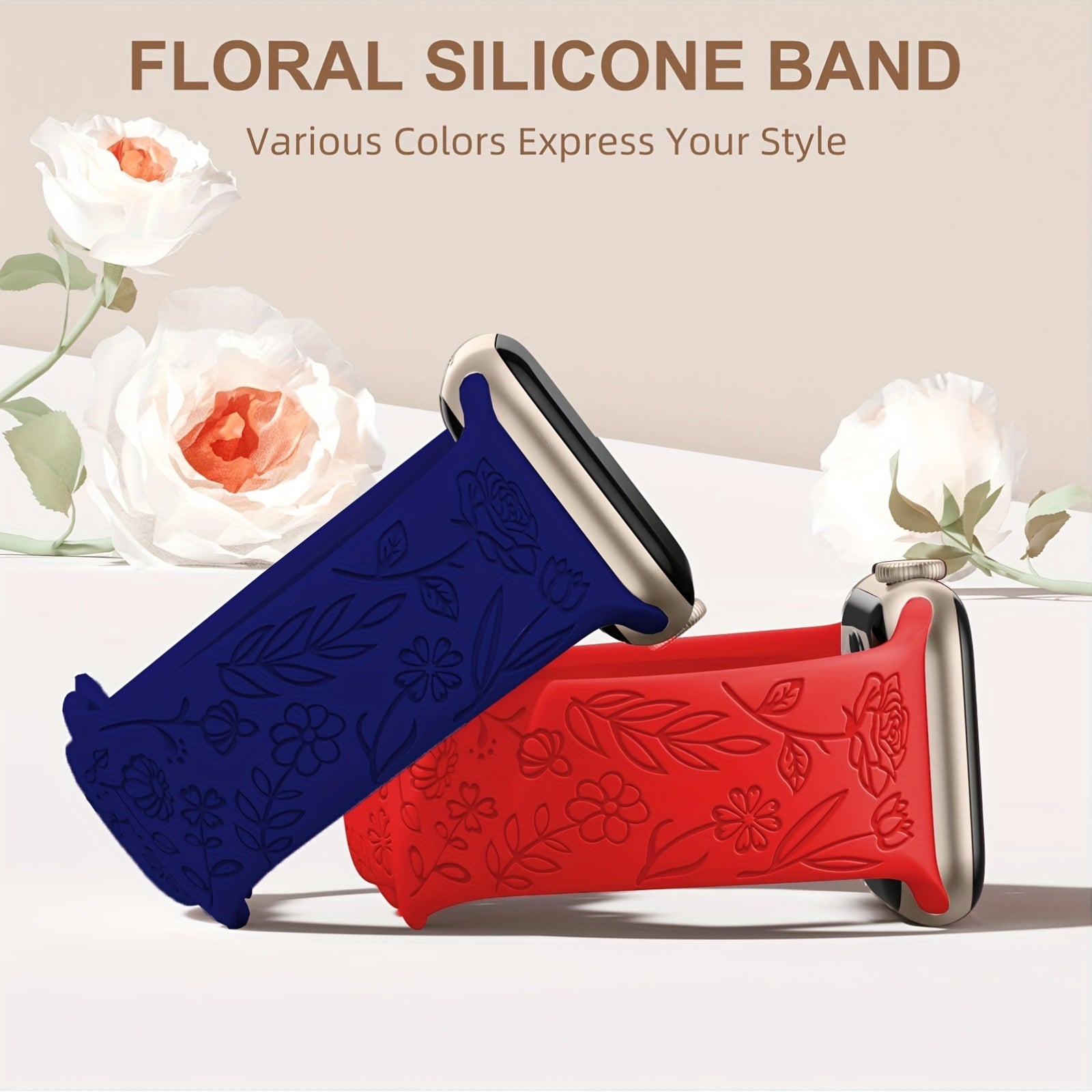 Застежка с гравировкой в виде цветка розы для iWatch: Совместима с различными моделями - Мягкий силикон, водоотталкивающий, батарея не включена.