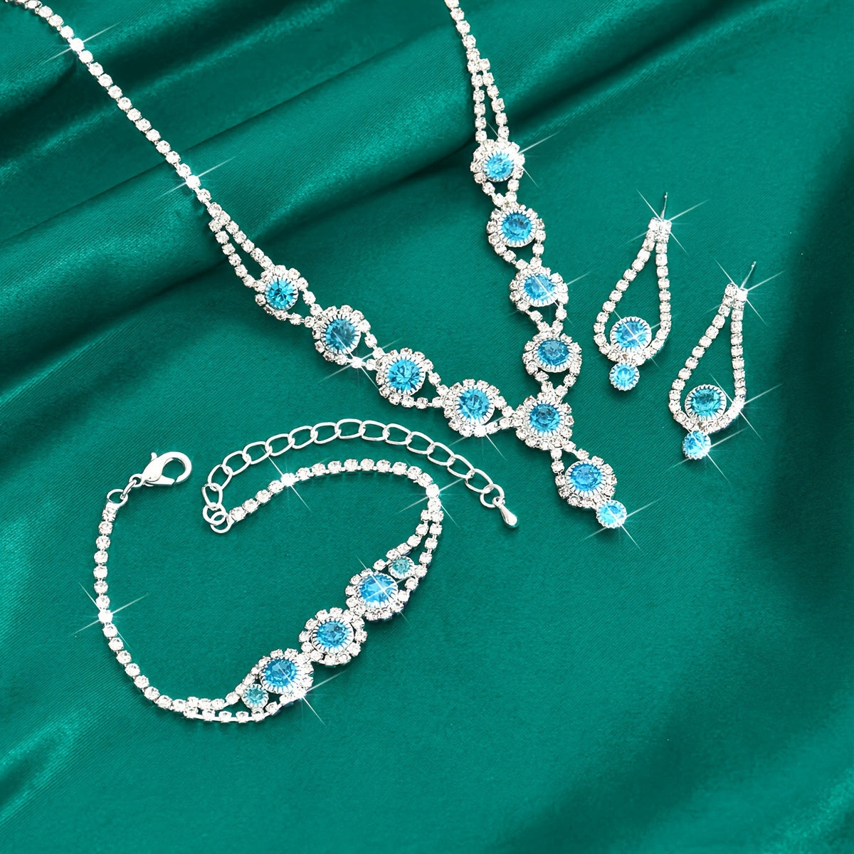 Silver Plated Copper Jewelry Set with Blue and Black Rhinestones Necklace Earrings Bracelet for Parties Weddings