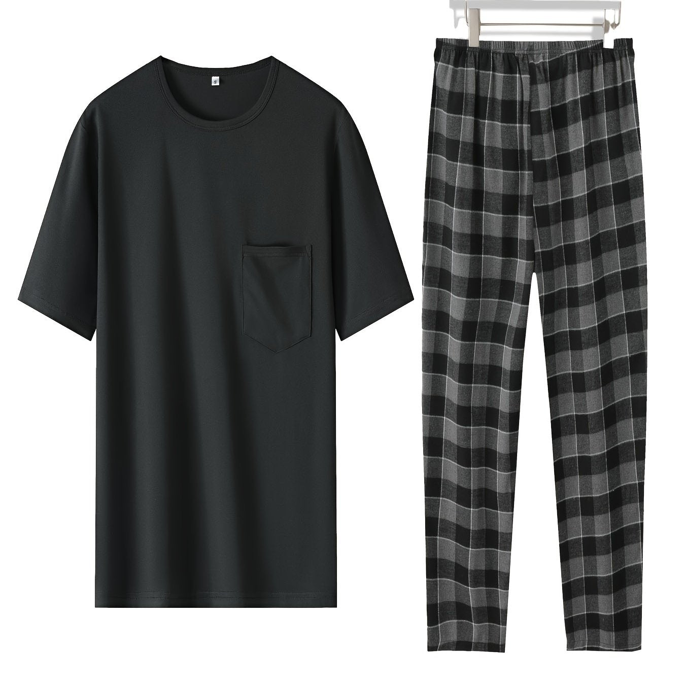 Men's Plus Size Loungewear Set Polyester Crew Neck Short Sleeve T-Shirt and Plaid Pants All-Season