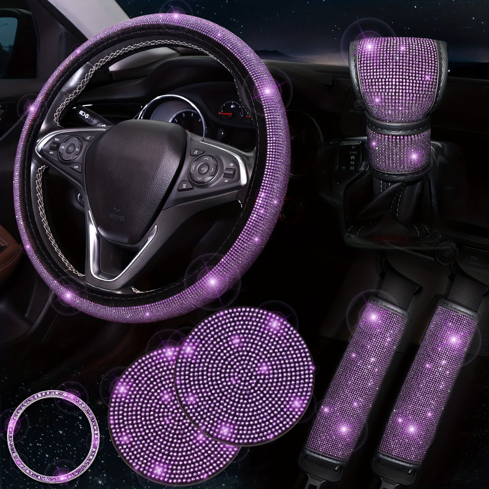 Bling Car Interior Accessory Set 7-Piece Diamond Steering Wheel Cover Rhinestone Seat Belt Coasters