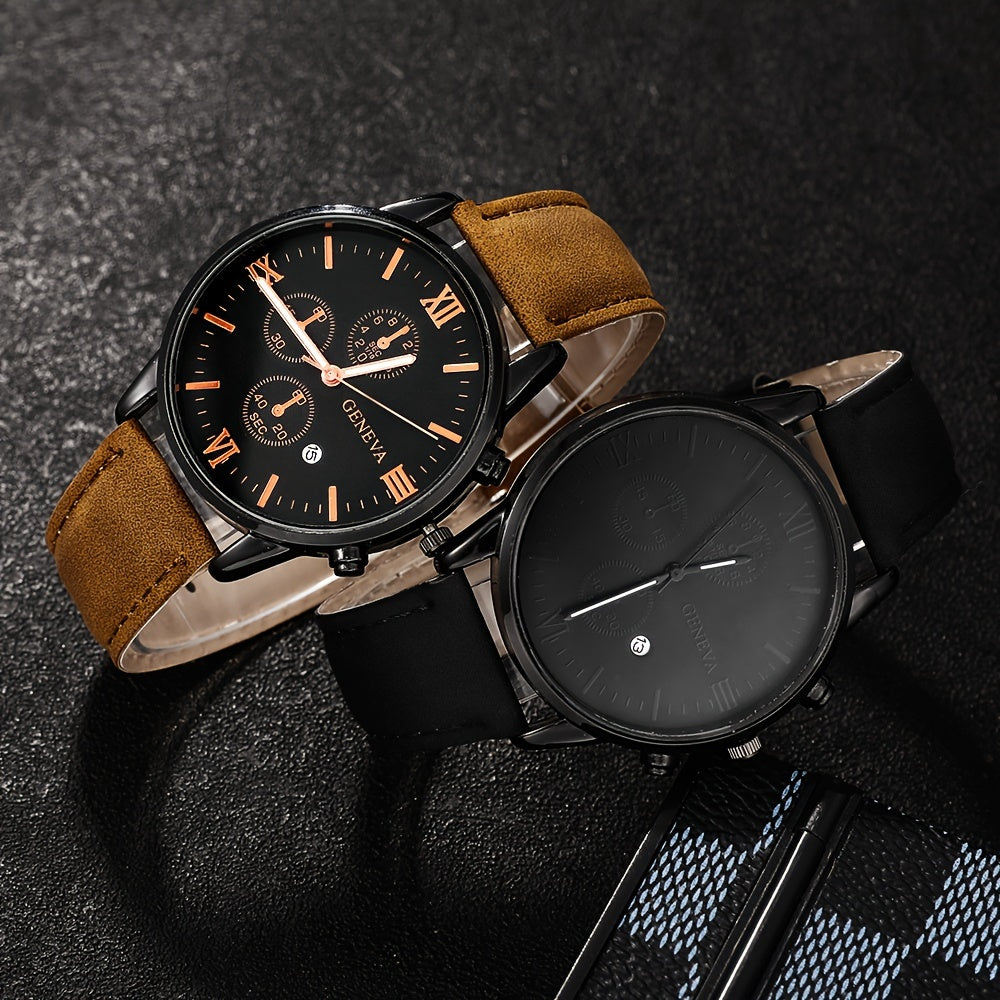 Men's Quartz Watch Set with Calendar Leather Strap Analog Stylish Alloy Case for Graduation or School