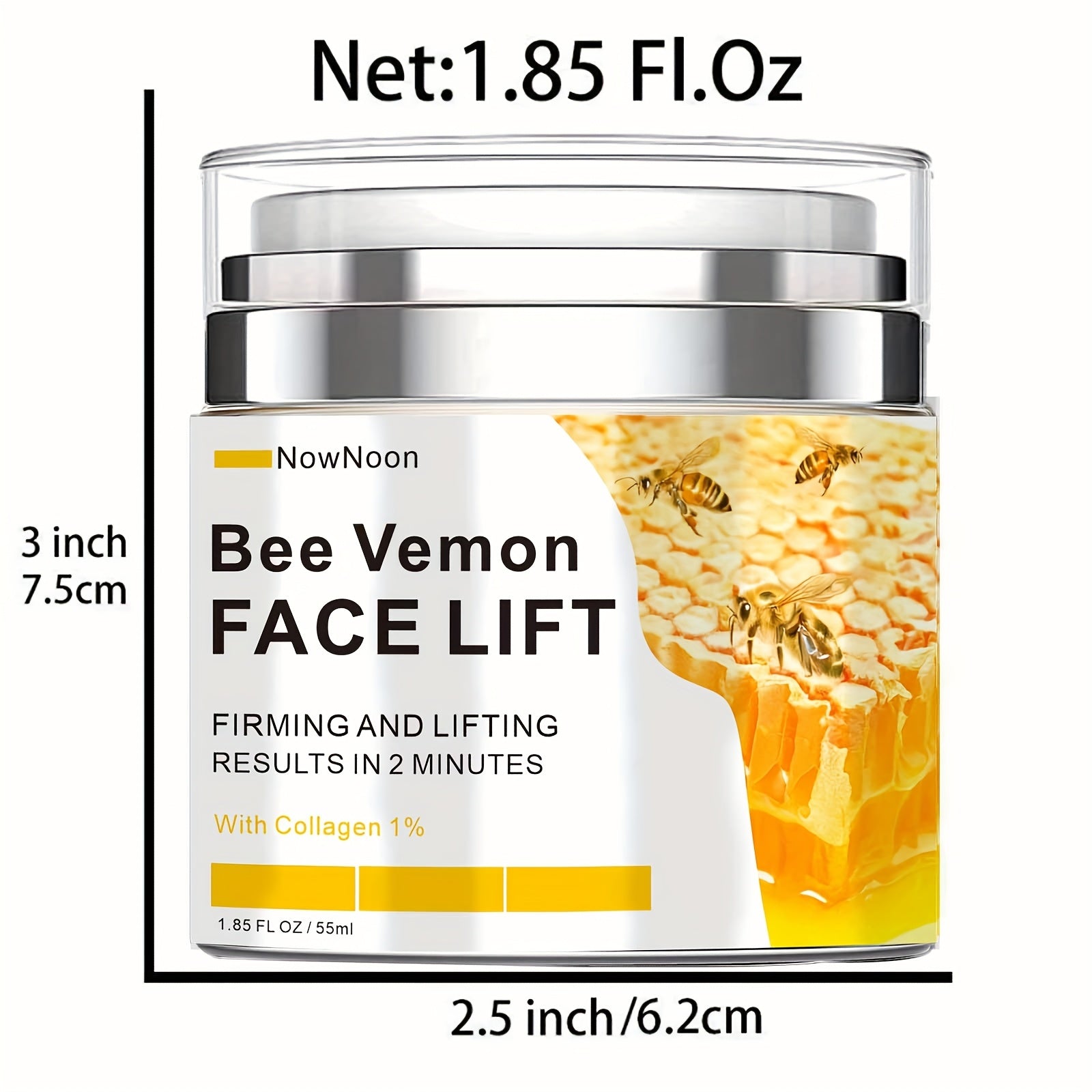NowNoon Bee Vemon Instant Face Lift Cream - 1.85 fl. Oz terini siqadi, mustahkamlaydi va silliqlashtiradi, alkogolsiz formulasi bilan, barcha teri turlari uchun Hyaluron kislotasi o'z ichiga oladi.