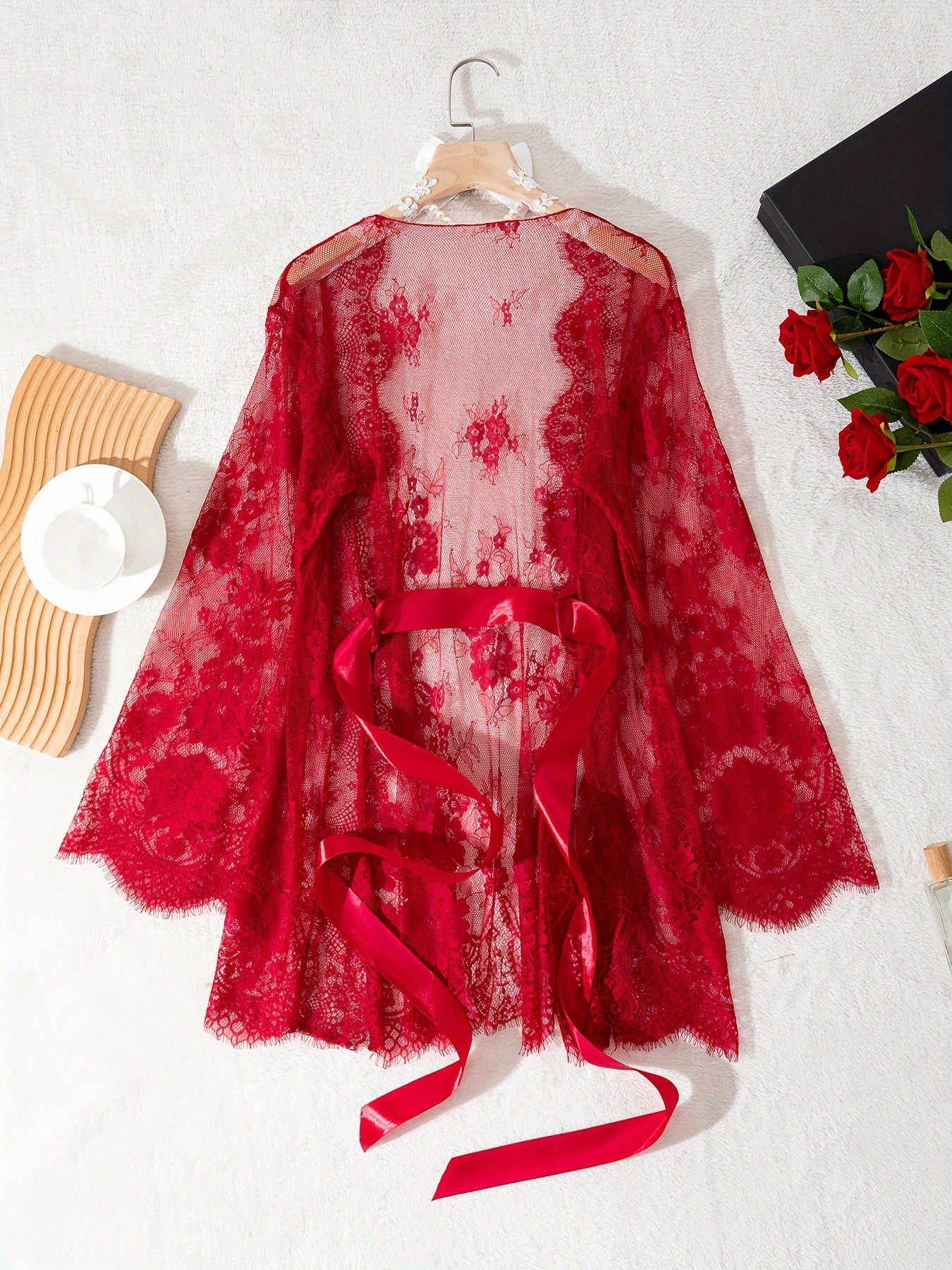 Red Lace Nightgown for Women with Tie Belt and Long Sleeves