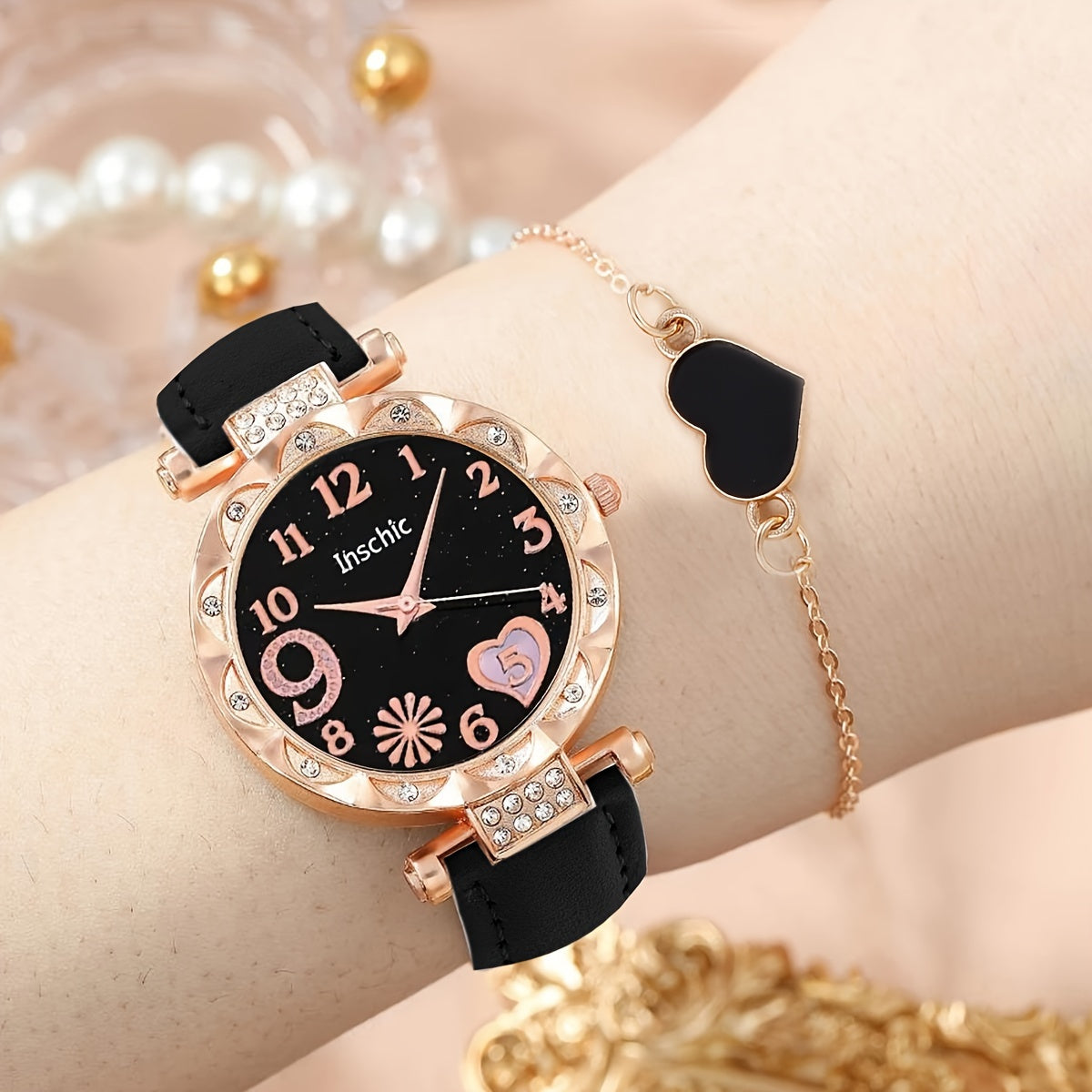 Heart Quartz Watch and Bracelet Set for Women Faux Leather Band Valentine Gift