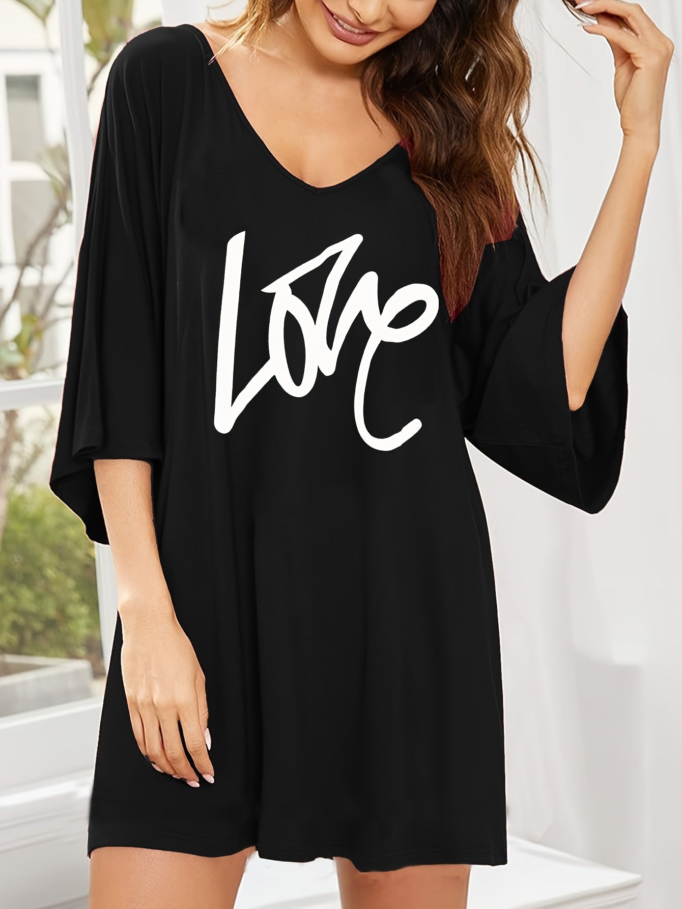Women's Plus Size Black Love Heart Print Sleepshirt Lounge Nightgown