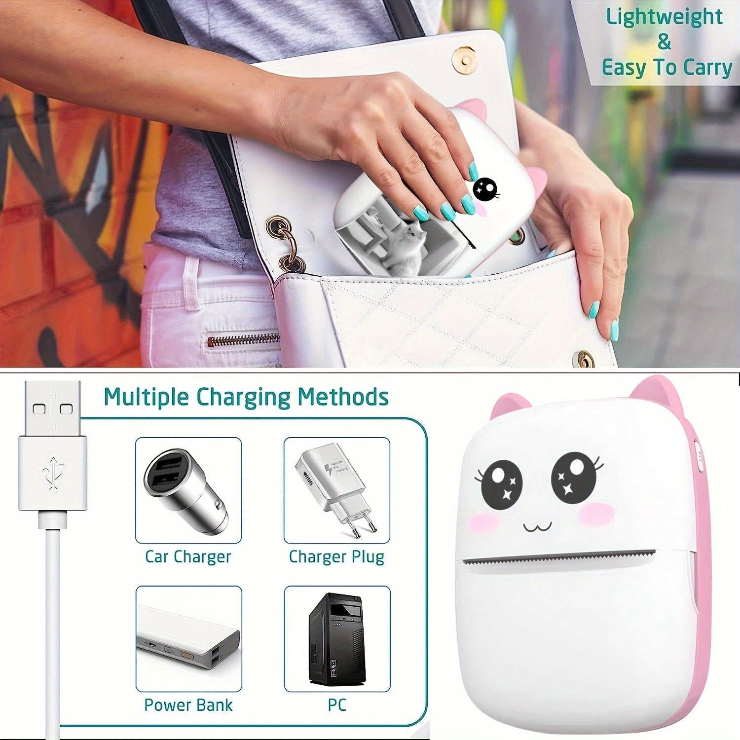 Portable Mini Thermal Printer with 10 Rolls Wireless USB Charging for Notes Receipts Labels