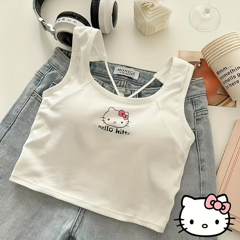 Anime-Themed Cotton Sleeveless Cropped Top for Women White with Pink Hello Kitty Design