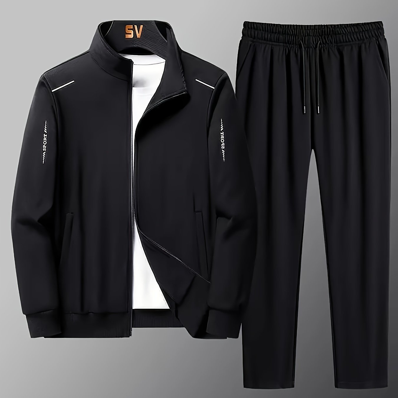 Men's Casual Sportswear Set with Zipper Jacket and Lapel Collar Polyester Knit Fabric