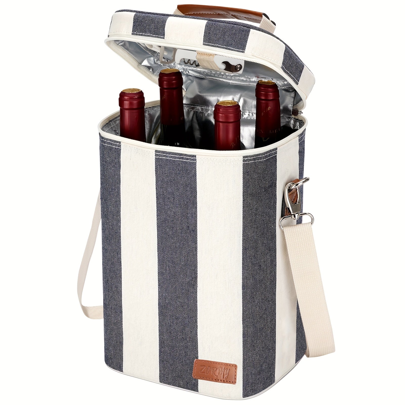 Insulated Wax Canvas Wine Tote Bag Holds 4 Bottles with Wine Opener for Travel Beach Weddings