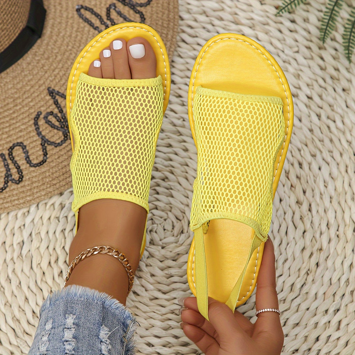 Sandalias de malla transpirable para mujer, slip-on, para caminar y playa, verano, tela, goma