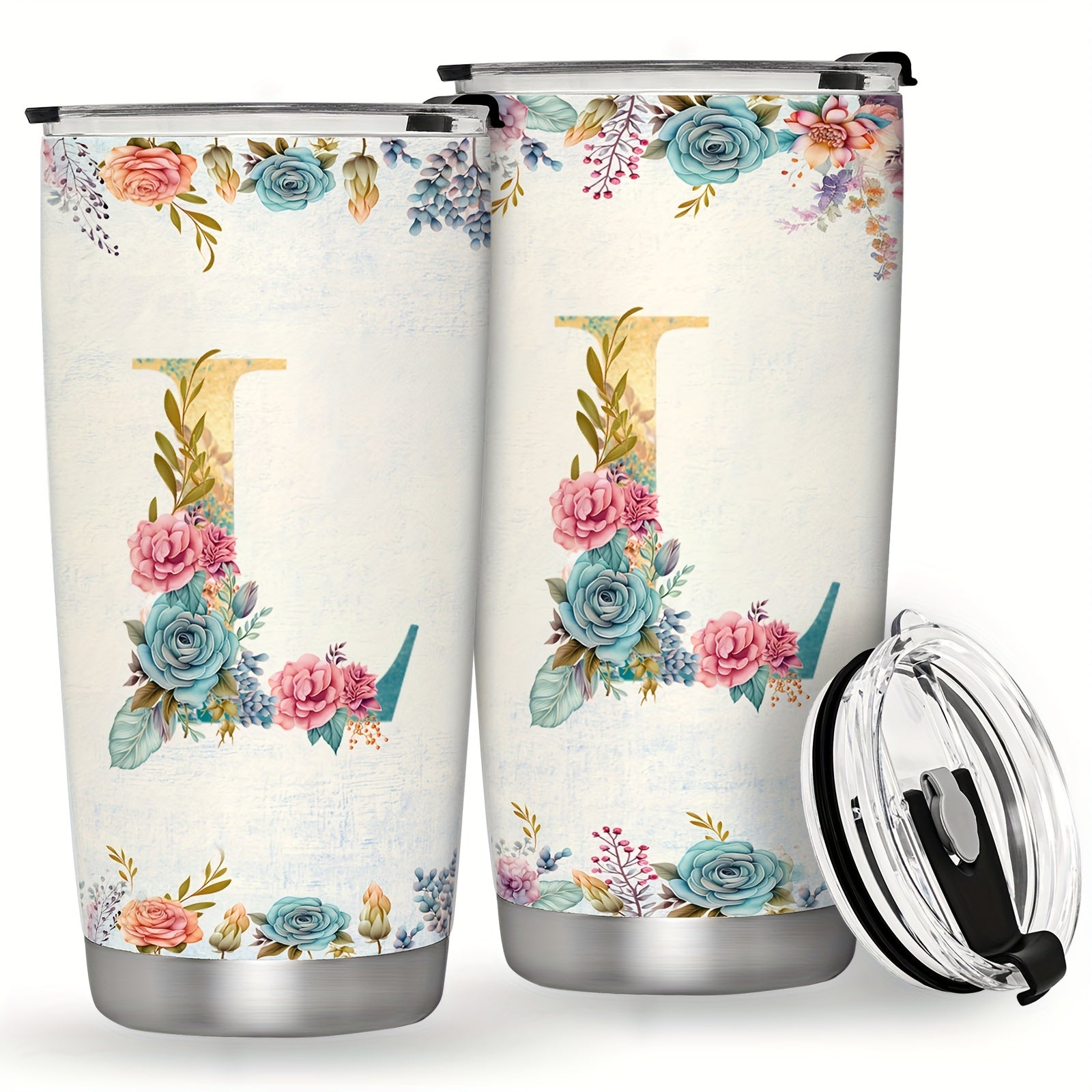 20oz Stainless Steel Tumbler with Monogram Floral Design Leak Proof Lid for Outdoor Use