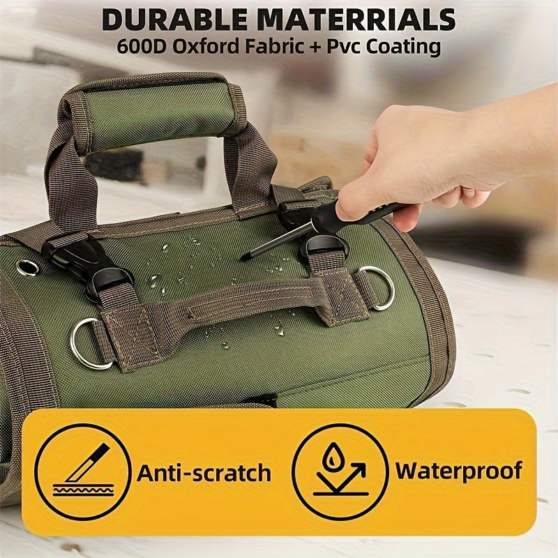 Waterproof Green Tool Bag with Multiple Compartments and Adjustable Shoulder Strap
