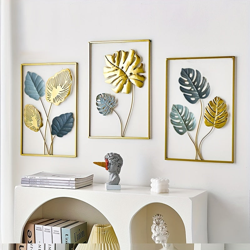 Minimalist Gold Metal Wall Decor Set 43.94x29.97cm Leaf Wall Art for Living Room Bedroom