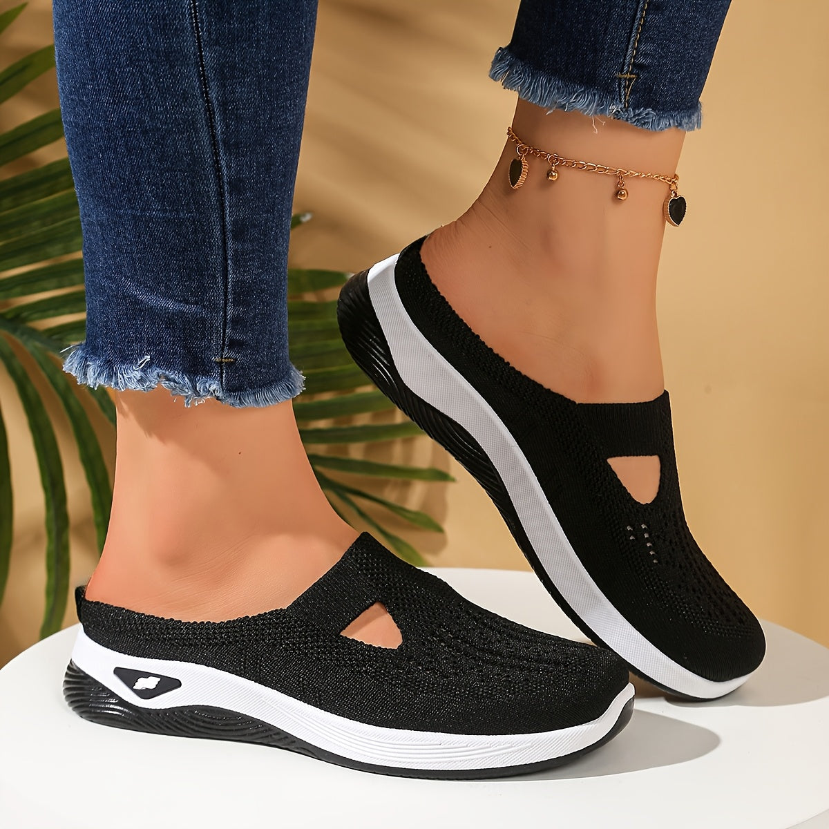 Women's Mesh Slip-On Sandals with Cut-Out Design Black White Casual