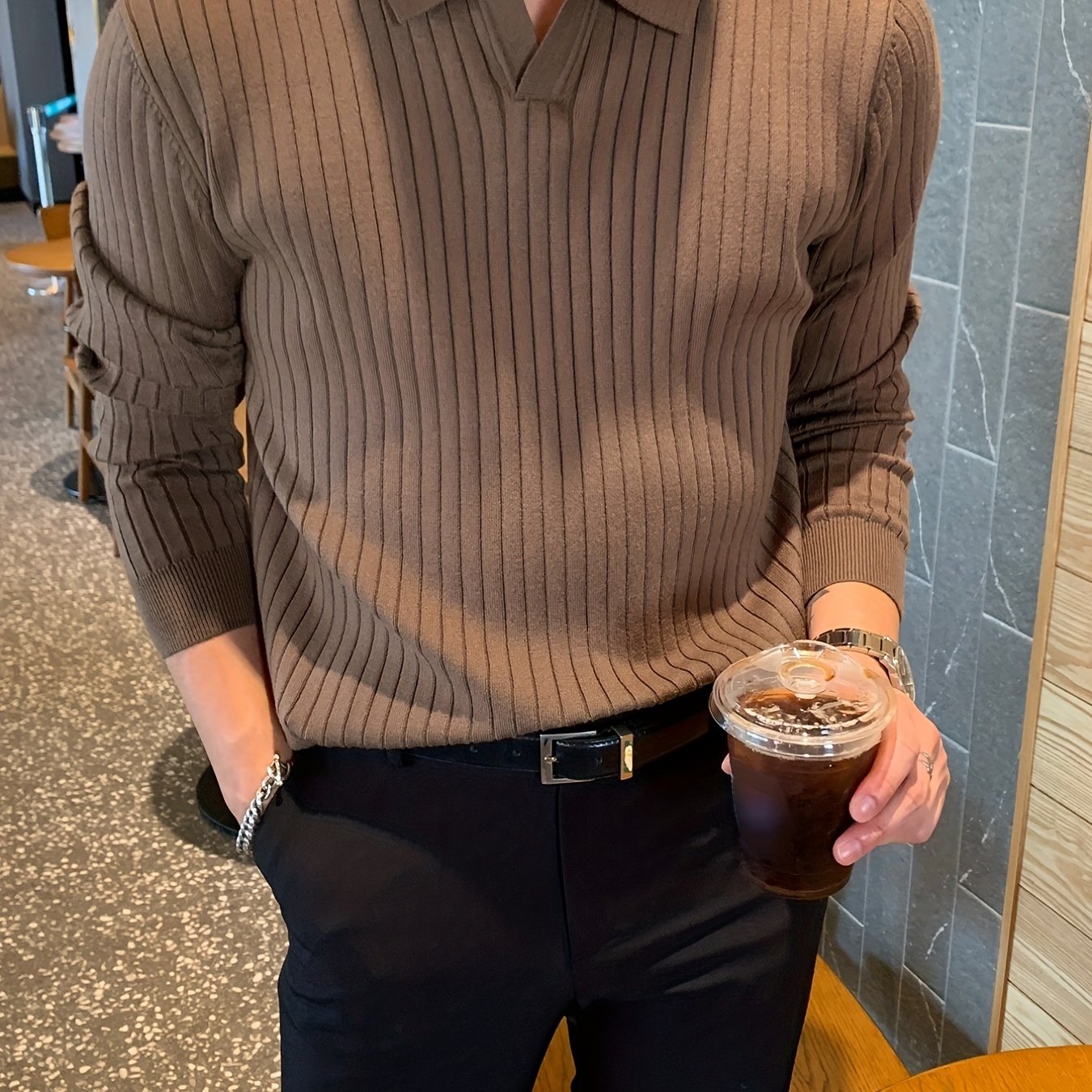 Men's V-Neck Sweater for Autumn and Winter Knit Fabric Solid Color Casual