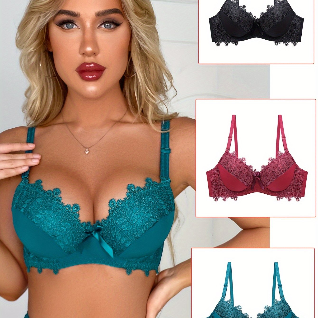 Set of 3 Women's Push Up Bras with Contrast Lace and Bow Tie Details