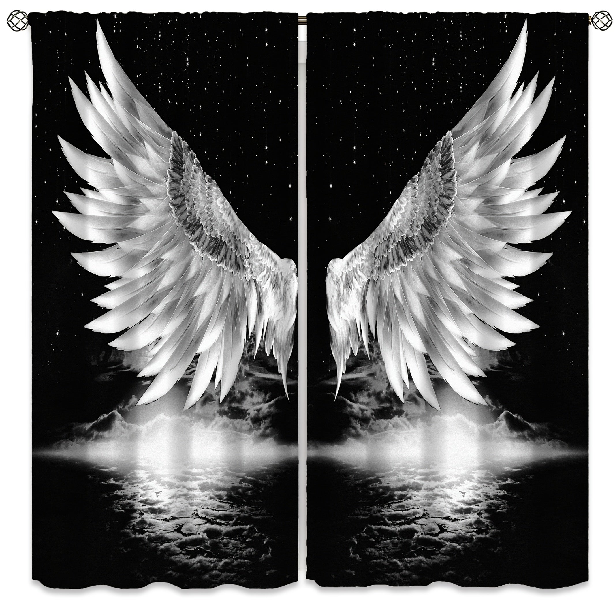 Black Art Window Curtains Angel Wings Stars Celestial Decor for Bedroom Living Room Office