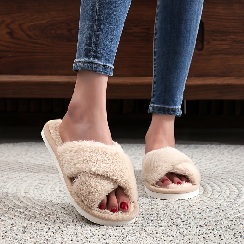 Women's Slip-On Cross Strap House Slippers Plush Furry Lining Flat Shoes