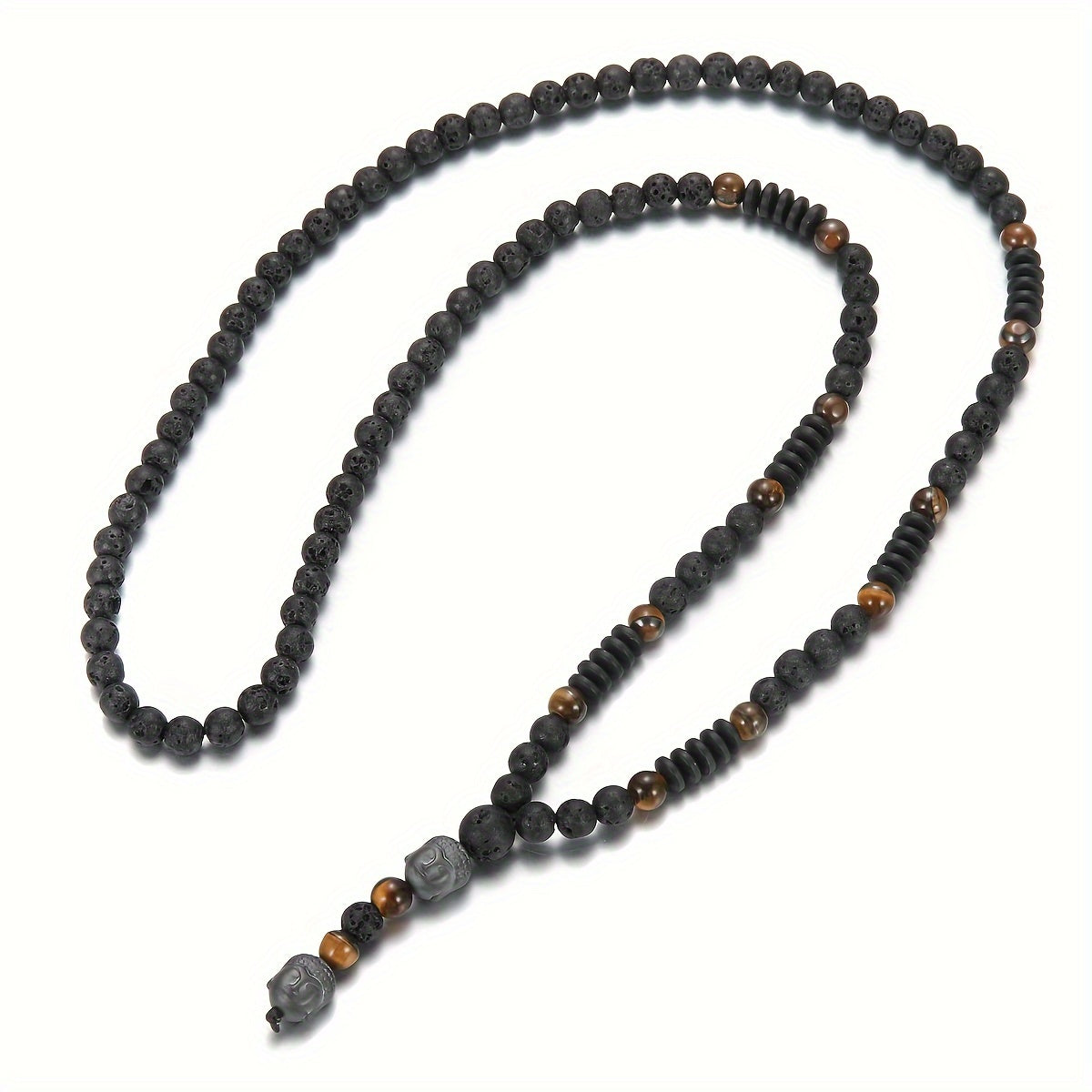 Unisex Natural Stone Bead Necklace with Buddha Head Pendant for Father's Day