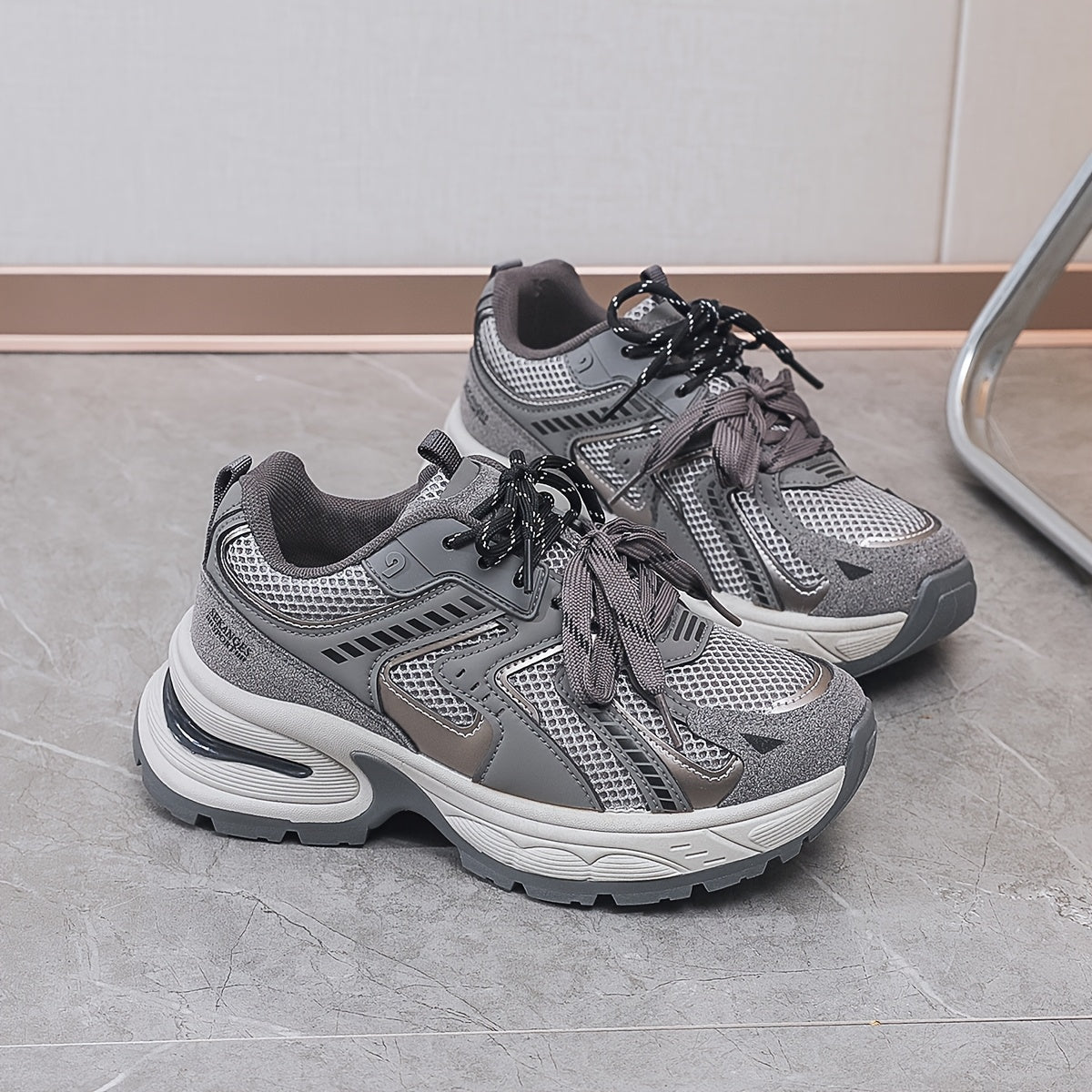 Women's Breathable Mesh PU Cover Low-Top Sneakers Casual Shoes Grey Black