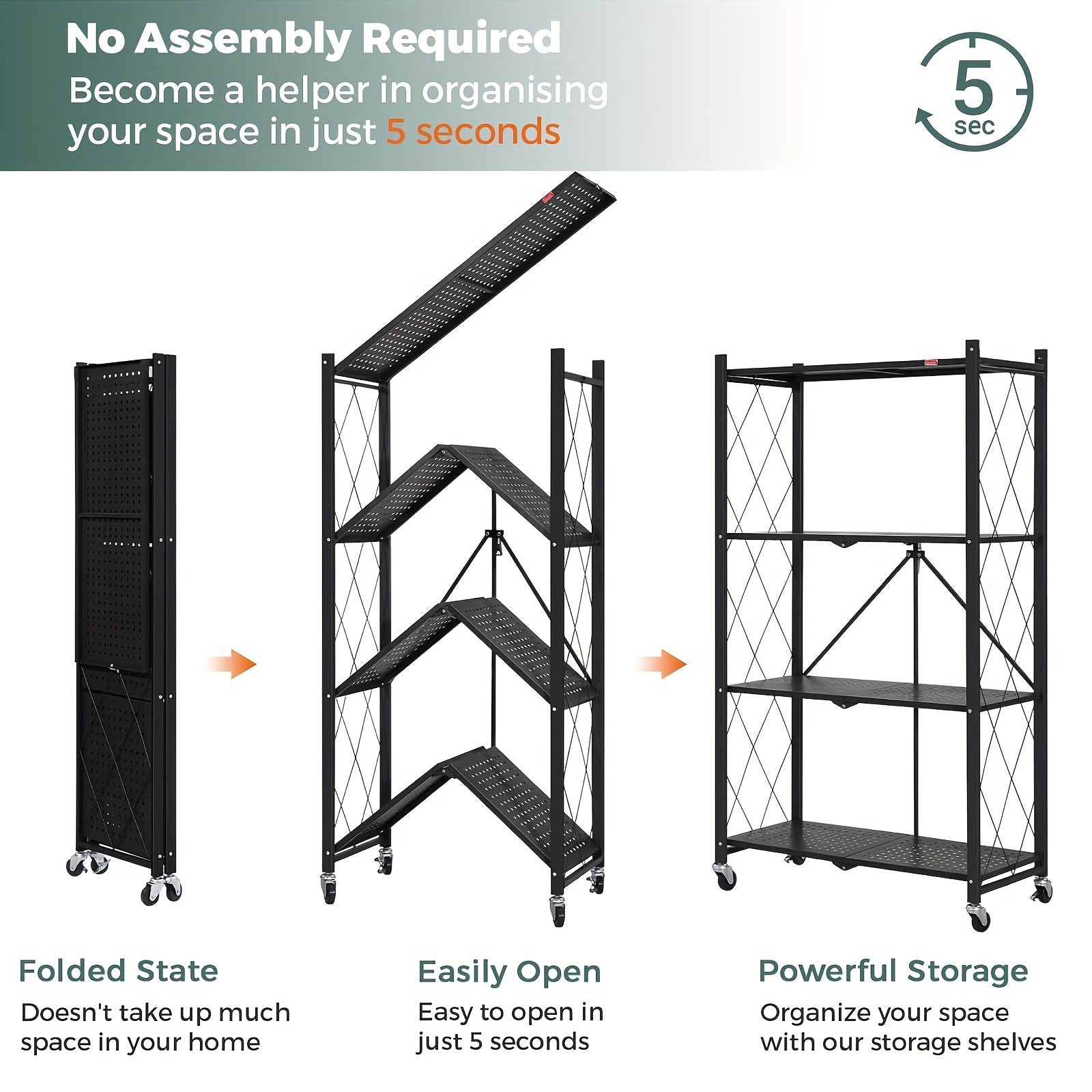 Estantería de almacenamiento plegable de 11 piezas, con 4 niveles y ruedas, unidad de estantería de gran capacidad, estantería de metal con rejilla, negra
