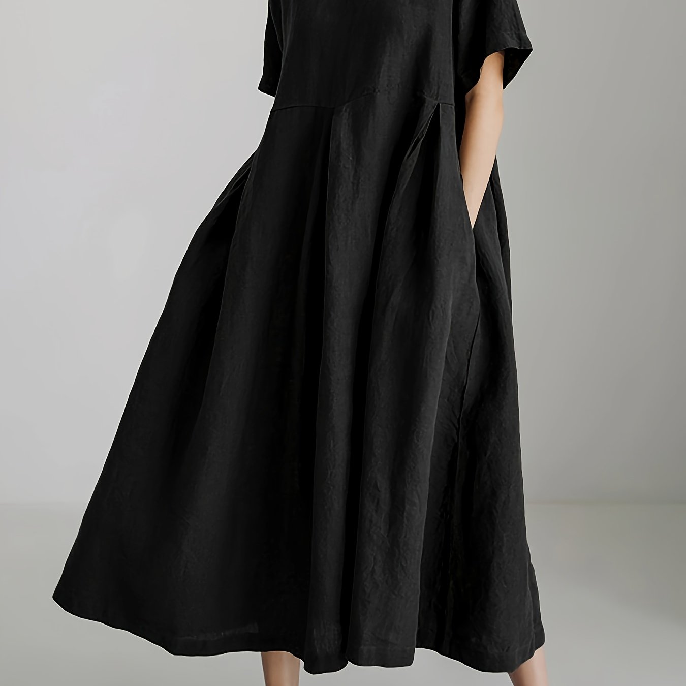 Women's Linen Blend Midi Dress with Oversized Flowy Skirt Short Sleeve Spring Summer