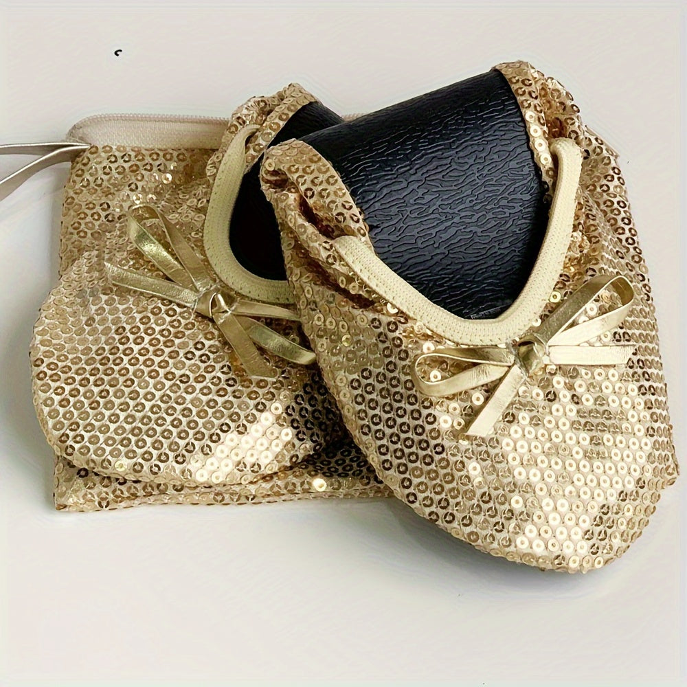 Women's Foldable Portable Travel Ballet Flat Shoes With Sequins and Pouch