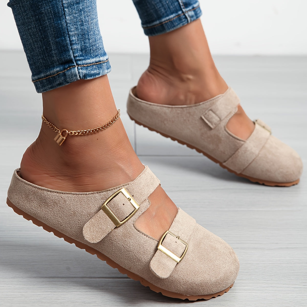 Women's Pink Slip-On Mules with EVA Sole and Gold Buckle Straps