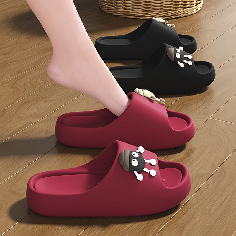 Women's Cartoon Bear Slip-On Slippers with Cushioned EVA Sole Black Red