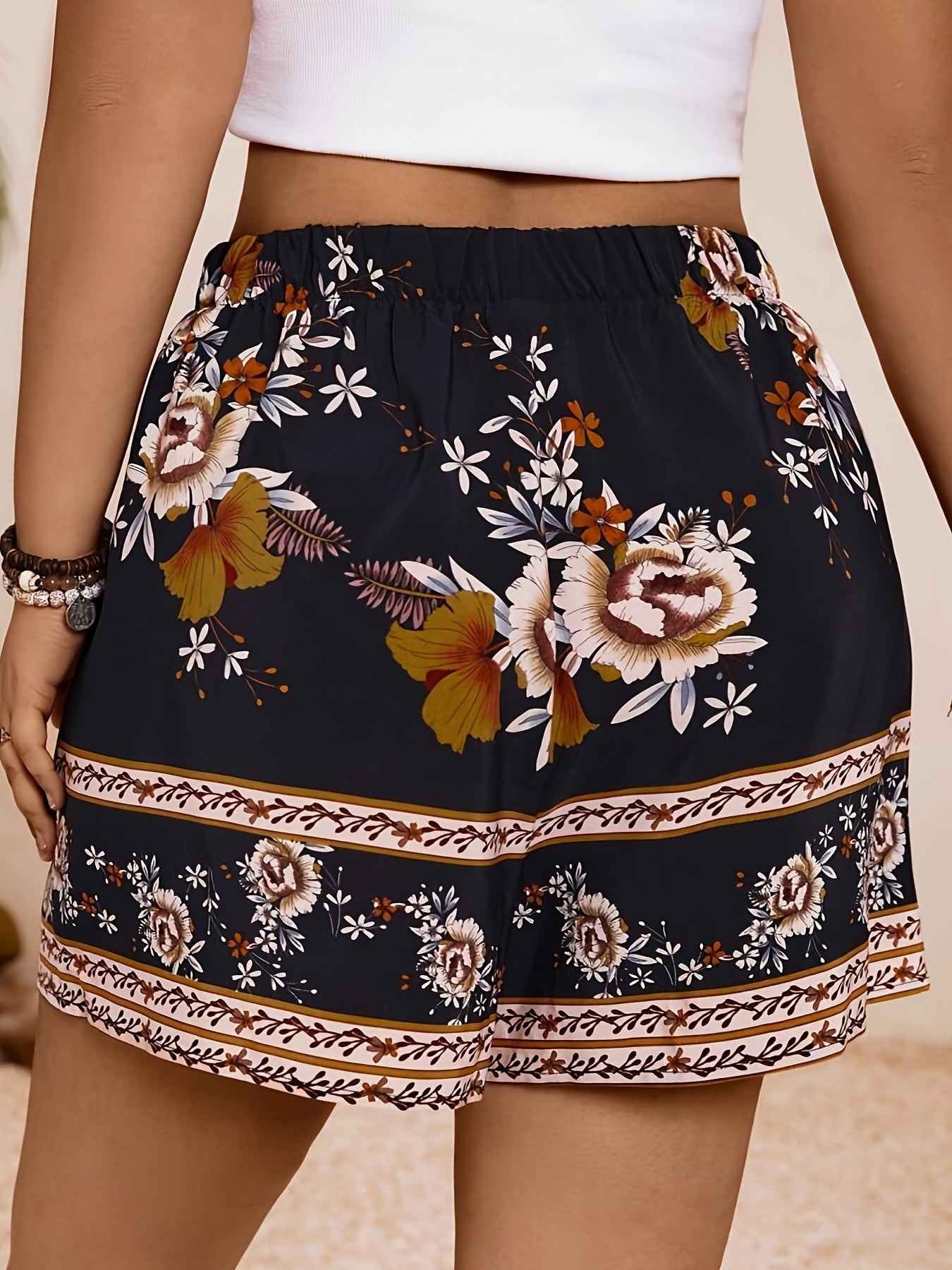 Шорты для женщин больших размеров с цветочным принтом для пляжа, белые, на шнурке, широкие брюки