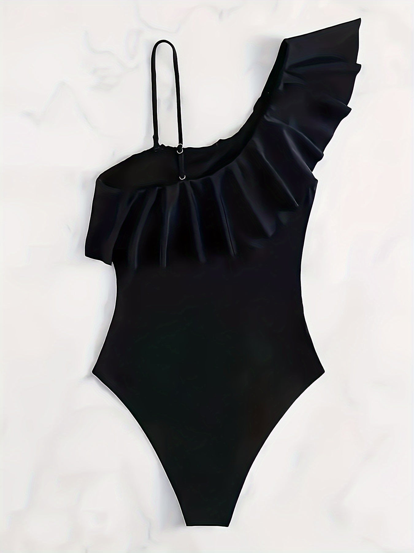 Women's Black One-Piece Swimsuit with One-Shoulder Mesh and Ruffle Details