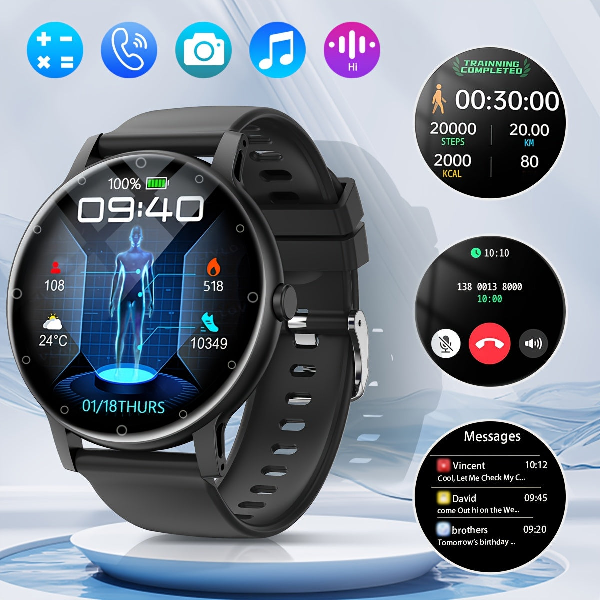 Full Touch Smart Watch with Sleep Tracker Pedometer Music Control and Sport Modes for Android and iOS