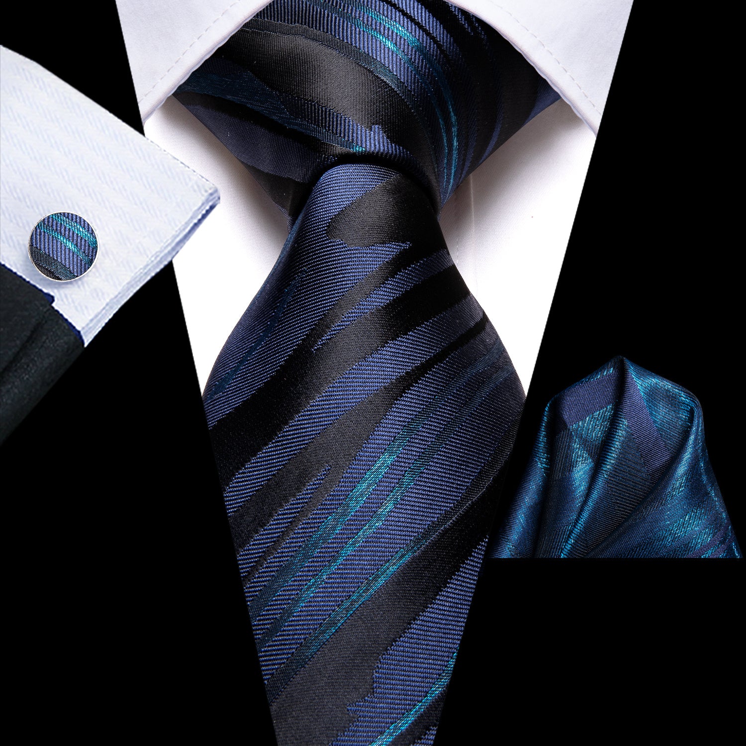 Striped Necktie Set with Cufflinks for Business, Parties, Weddings