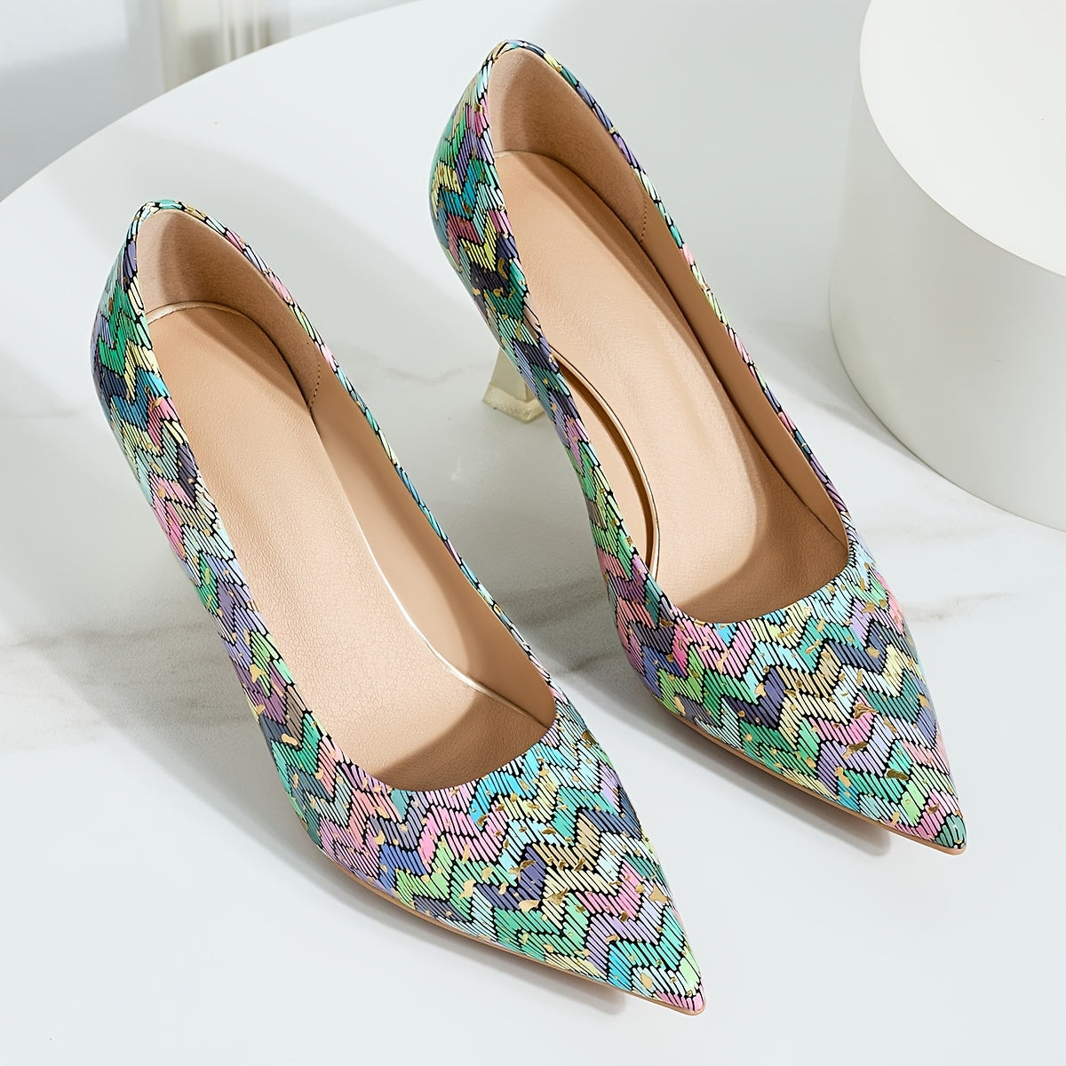 Women's Faux Leather Stiletto Heels Colorful Diamond Pattern Pointed Toe Pumps