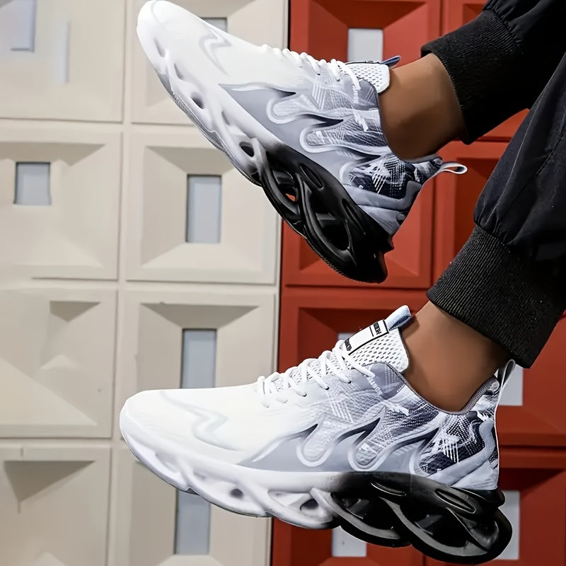 Zapatillas deportivas casuales para hombre con parte superior de punto transpirable, suela amortiguadora de impacto MD, de perfil bajo, con cordones, en gris y blanco