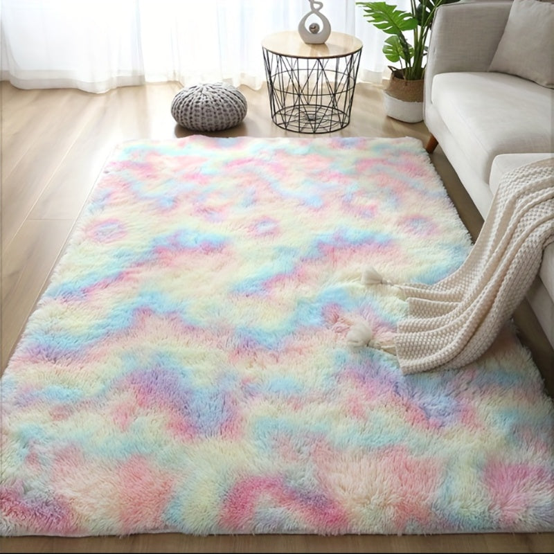 Alfombra de felpa ultra suave con teñido tie-dye para dormitorio o sala de estar, lavable a máquina