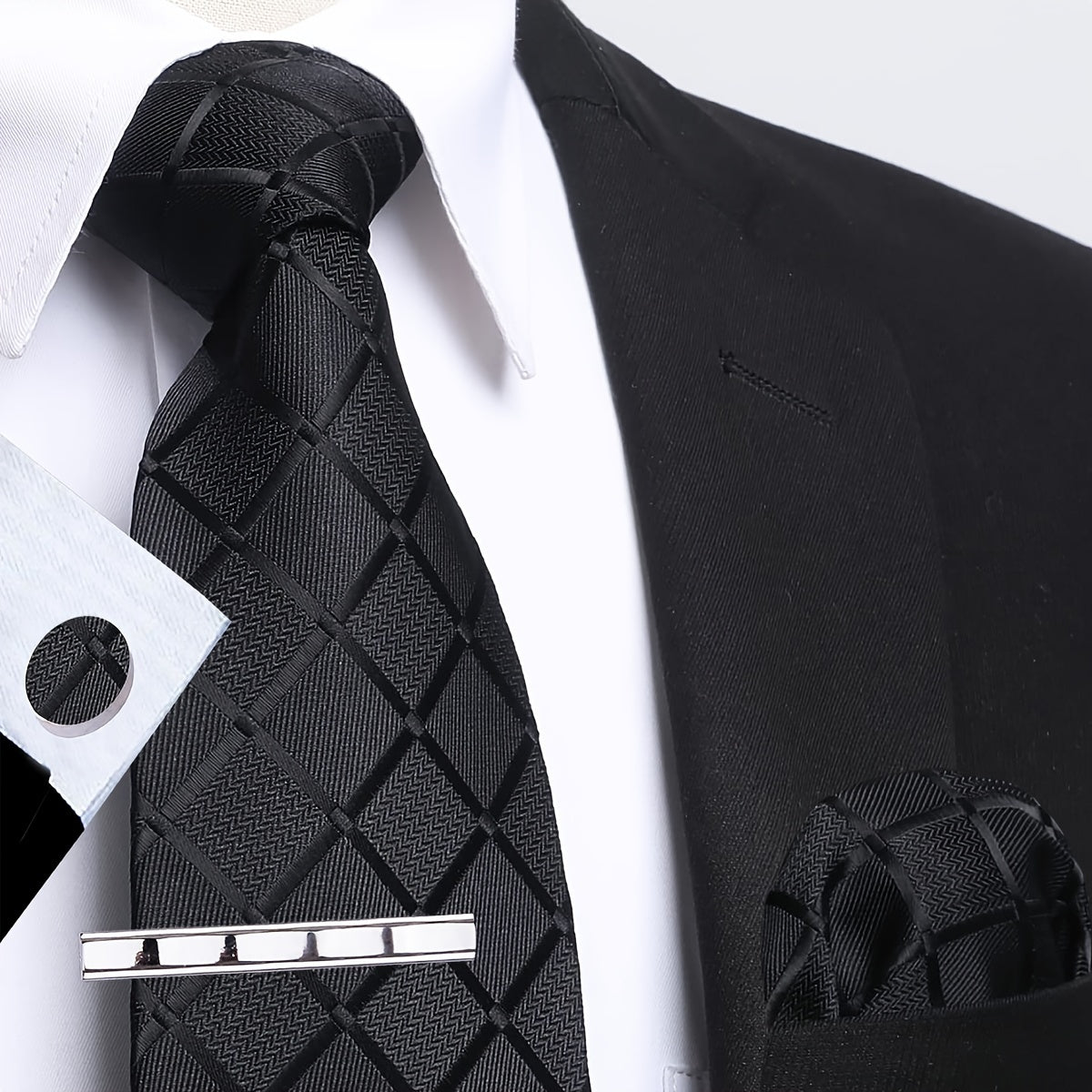 Men's Plaid Tie Set with Square Scarf Cufflinks for Weddings and Parties