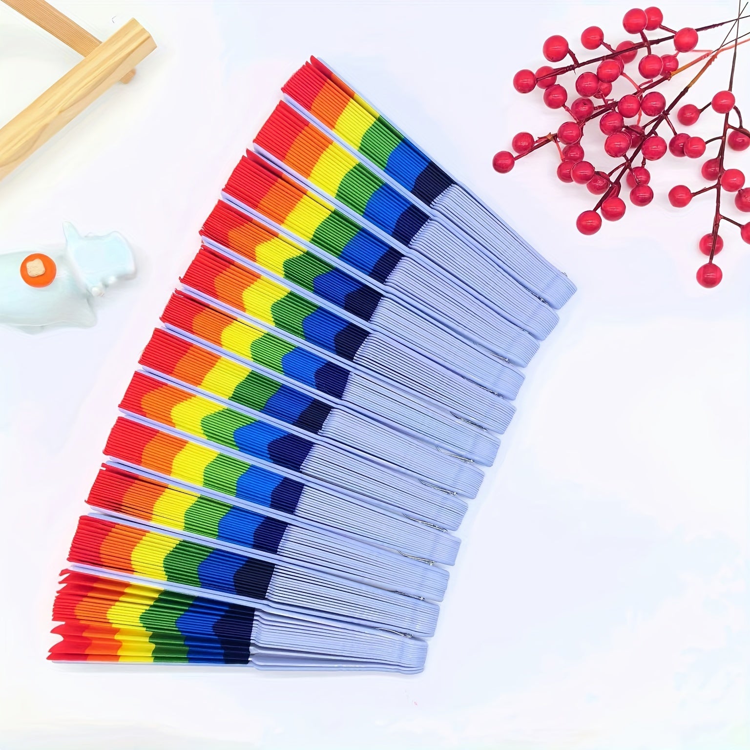 Set of 12 Rainbow Folding Fans Linen Fabric for Women Festive Party Decor