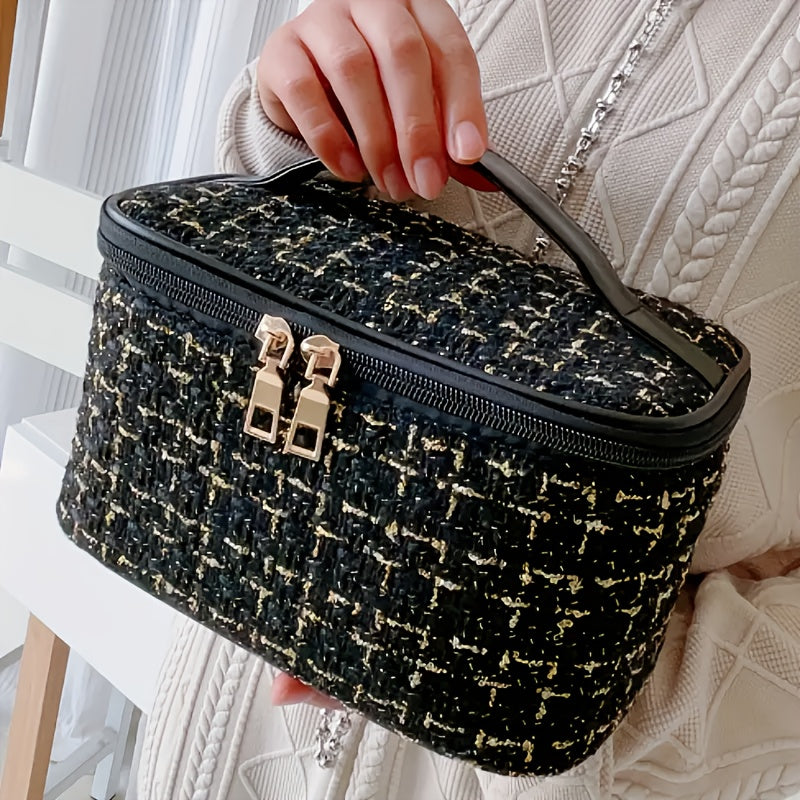 Checkered Cosmetic Pouch Waterproof Non-Polyester Travel Organizer with Spacious Interior