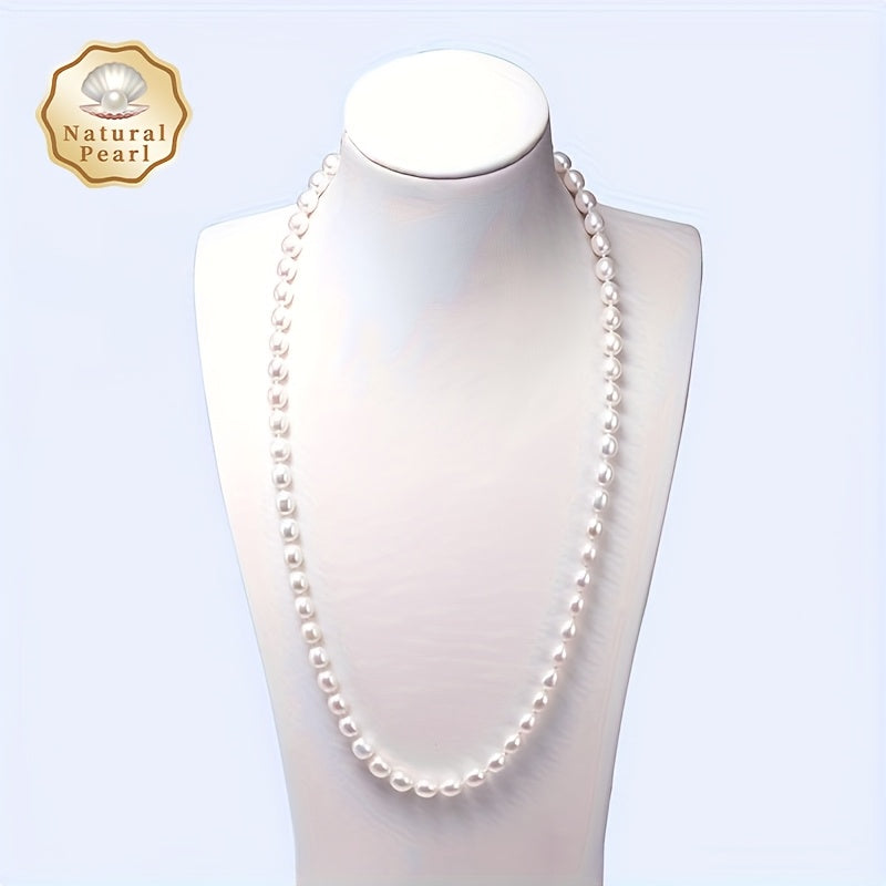 Women's Freshwater Pearl Necklace 8-9mm Rice-Shaped Natural Pearls 120cm Chain