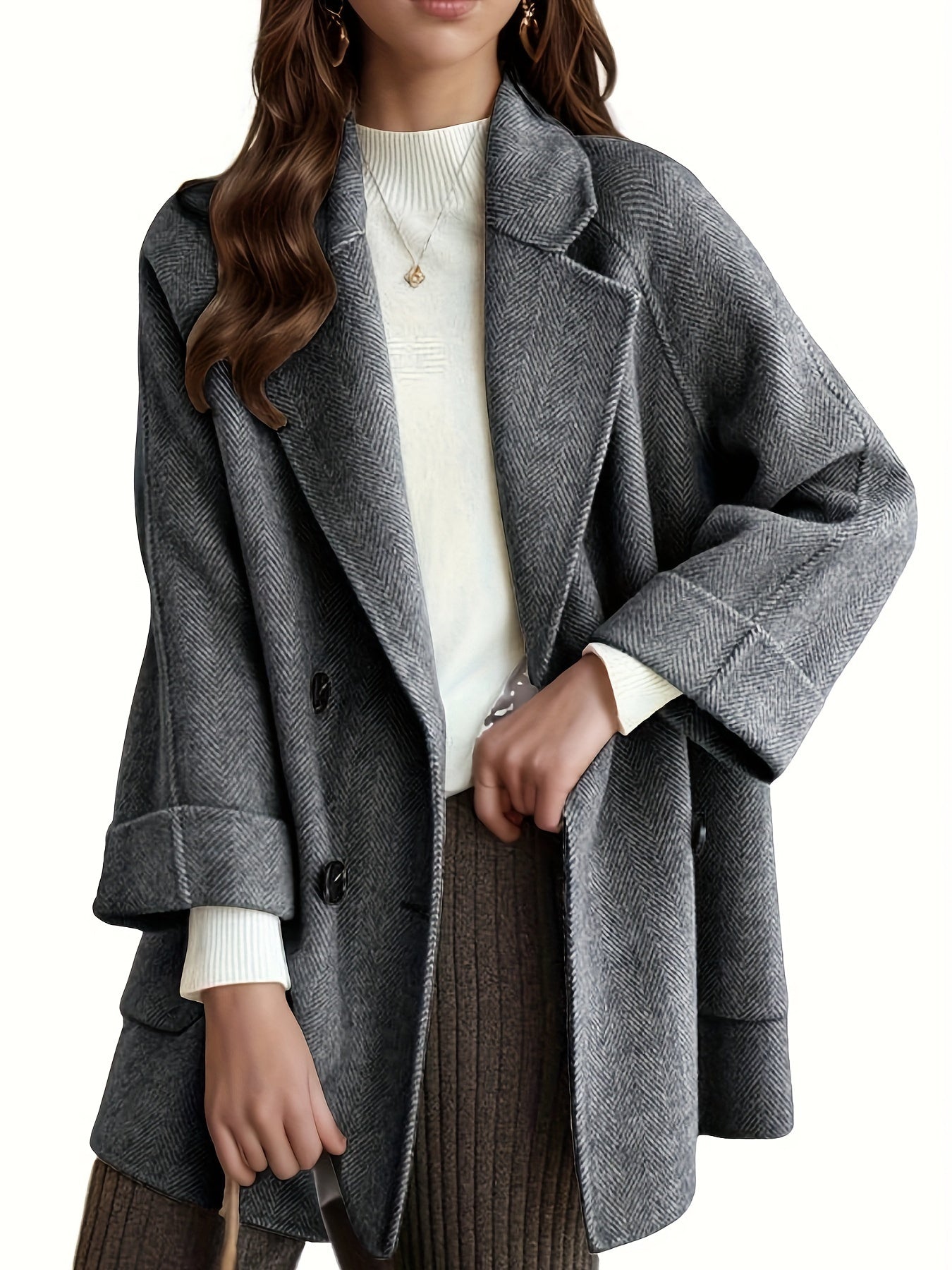 Women's Light Blue Striped Trench Coat with Pockets Long Sleeves Fall Winter Casual Textured Fabric