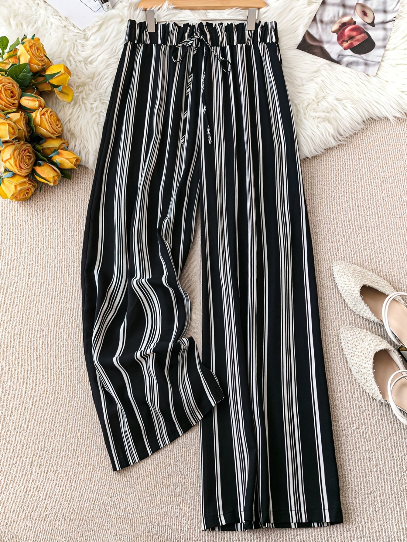 Plus Size Women's Wide Leg Lounge Pants Black White Striped Non-Stretch Adjustable Waist