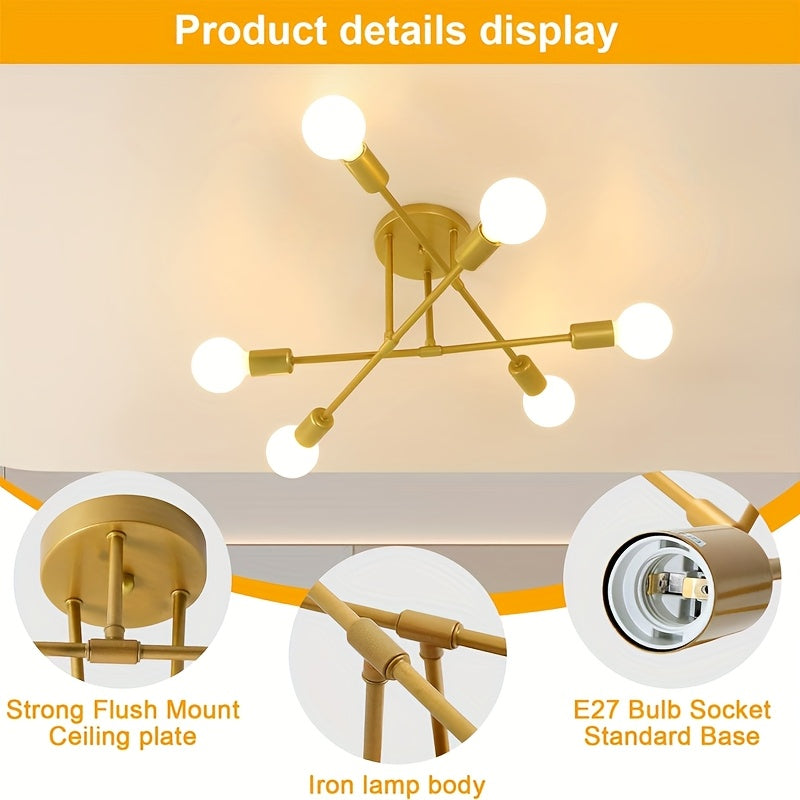 Modern Metal Chandelier with 6 Lights Black and Gold Flush Mount for Bedroom Kitchen Dining