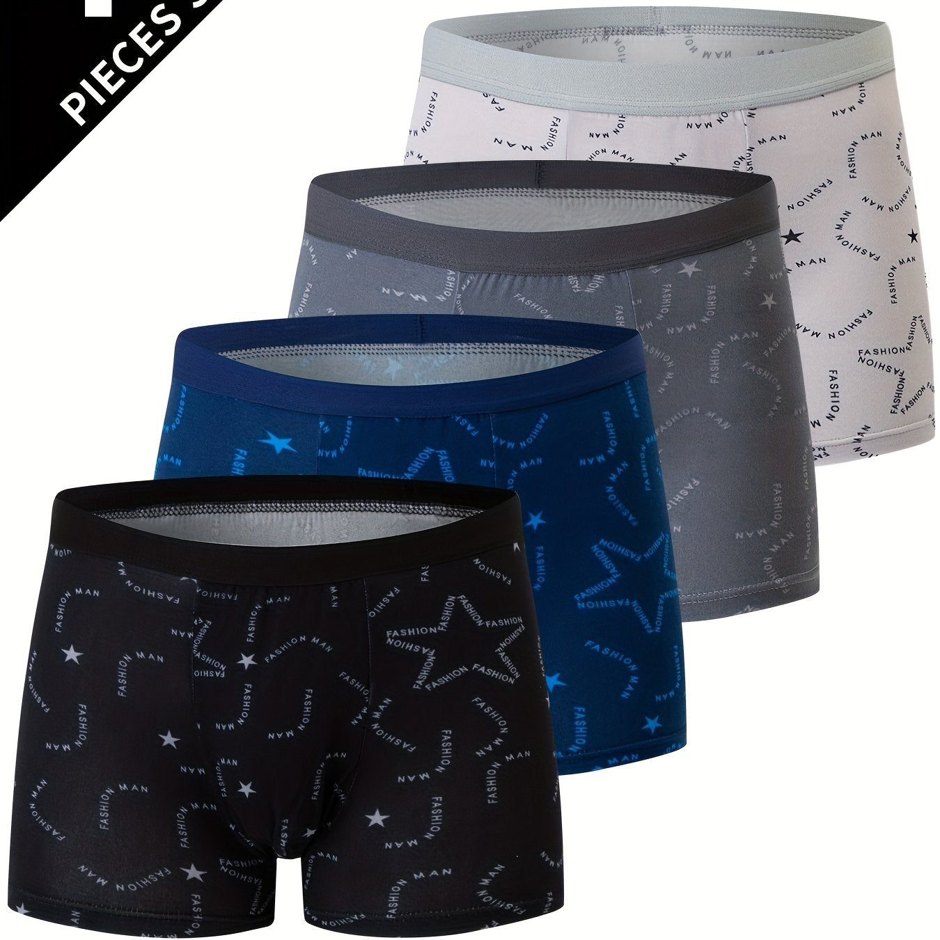Men's Polyester Underwear with Geometric Pattern Slight Stretch Knit Fabric 115g/m² Set of 4