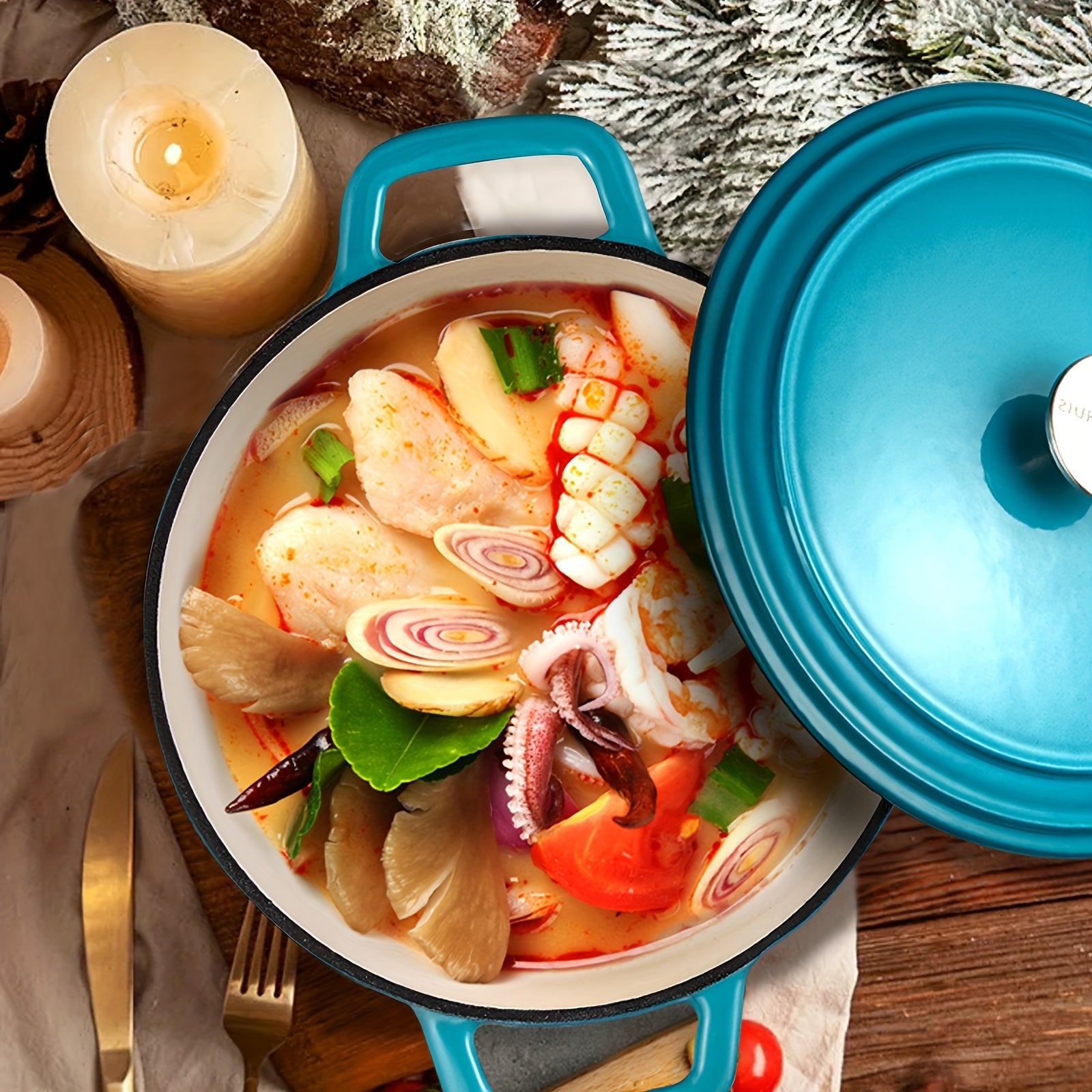 Olla de hierro fundido esmaltado de 3.7 cuartos con tapa, antiadherente, olla redonda para cocinar